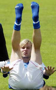 Czech midfielder Pavel Nedved exercises during a practice session in Sintra 
