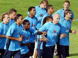 Players o the Netherlands warm-up for a training session in Albufeira