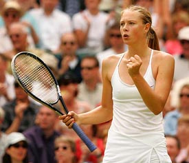 Thirteenth seed Maria Sharapova of Russia celebrates after defeating eleventh seed Ai Sugiyama of Japan 