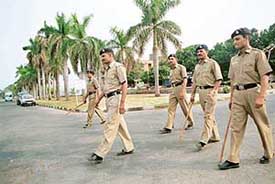 A police party patrols Panjab University campus, Chandigarh, on Saturday after the