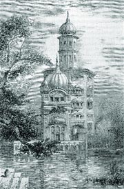 Akali Tower at Umritsar: A drawing of Gurdwara Baba Atal Sahib in Amritsar by William Carpenter.