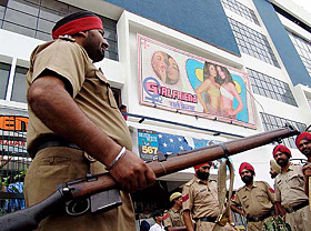 Policemen guard a cinema hall screening Girlfriend in Amritsar
