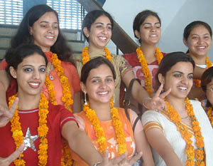 Students of BBK DAV College for Women, Amritsar, who were part of the group which gave 50 theatre performances in England, at the college on Tuesday.
