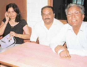 From right to left-Kesav Bharta, Jassi Dhaliwal and Gick Grewal at a press conference before the recording of Himachali folk video album in Chandigarh