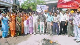 Members of the Unemployed Elementary Teachers Union burn the effigy of the government in Ludhiana