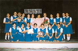Students of Carmel Convent School display the prizes they won at Carmel Inter-School Music Competition