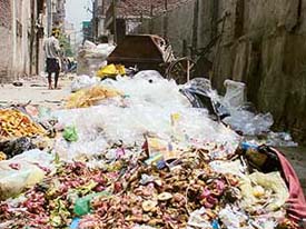 An open garbage dump in a lane behind the Bhadaur House market in Ludhiana.