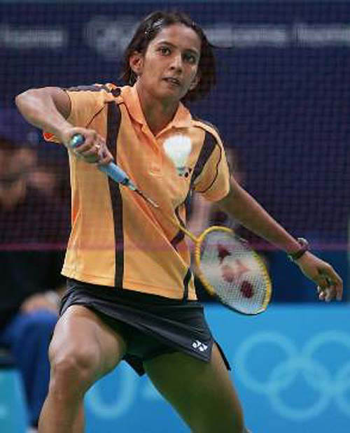 India's Aparna Popat returns to South Africa's Michelle Edwards during their first round Olympic women's singles badminton match at the Goudi Olympic complex in Athens on August 14.  Photo by Reuters