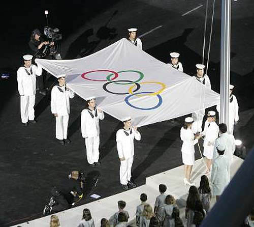 The Olympic flag is carried during the opening ceremony of the Athens 2004 Olympic Games on August 13. 