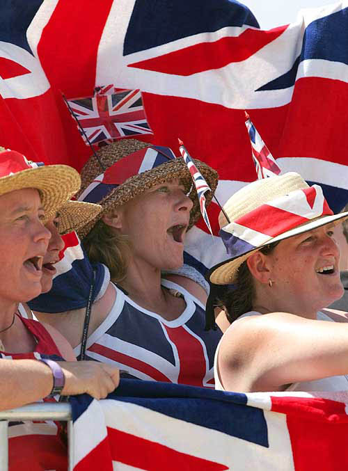 British fans cheer on their team during the cross country stage of the three-day event at the Markopoulo Equestrian Centre near Athens at the Athens 2004 Olympic Games, August 17.  Reuters photo 