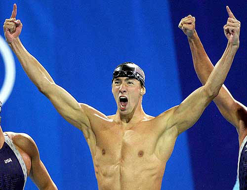 Michael Phelps of the United States reacts after winning the 4 x 200-metre freestyle relay at the Olympic Aquatic Centre during the 2004 Olympic Games in Athens, Tuesday, August 17.  Reuters photo