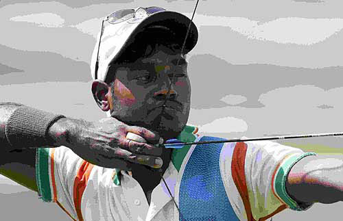 India's Satyadev Prasad shoots during the men's individual archery competition at the Athens 2004 Olympic Games on August 19.