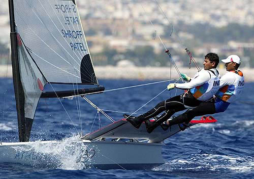 India's 49er skipper Malav Shroff, right, and crewman Sumeet Patel sail the 4th race of the double-handed 49er dinghy sailing event at the 2004 Olympic Games in Athens, Greece, on August 18. India places 18th after 4 races.