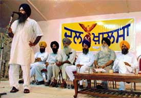 Dal Khalsa general secretary Kanwarpal Singh addresses participants at a seminar on the river waters issue in Ludhiana