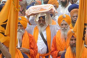 Gurmat Chetna March from Chandigarh arrives at Gurdwara Ramsar Sahib in Amritsar on Saturday. 