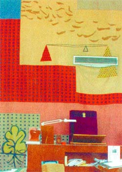 Detail of tapestry in Court 6: The counterbalance of complexities and the tree as a symbol of perfection. Air-conditioning ducts puncture the tapestry indiscriminately, mutilating motifs.   