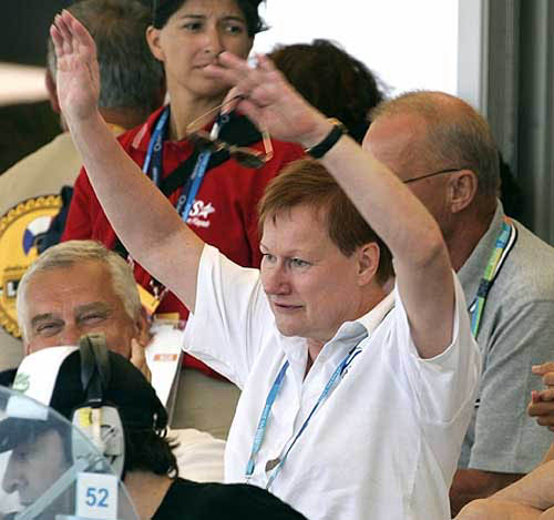 Finland President Tarja Halonen gestures, while she watches the flatwater canoe and kayak races at the Athens 2004 Olympic Games on August 24.