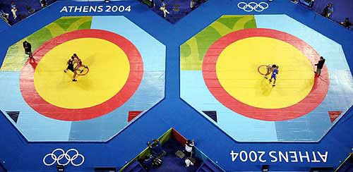 General view as athletes compete in the Greco-Roman wrestling elimination rounds at the Athens 2004 Olympic Games on August 24.
