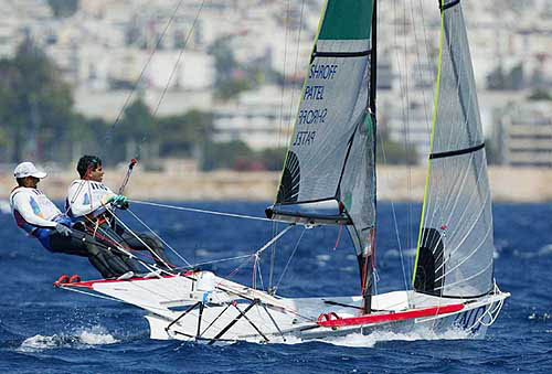 India's 49er crew sails during race 15 of the men's double-handed 49er dinghy sailing event at the 2004 Olympic Games in Athens, Greece, on August 24. India's 49er skipper Malav Shroff, left, and crew Sumeet Patel place 4th ahead of Thursday's final race.
