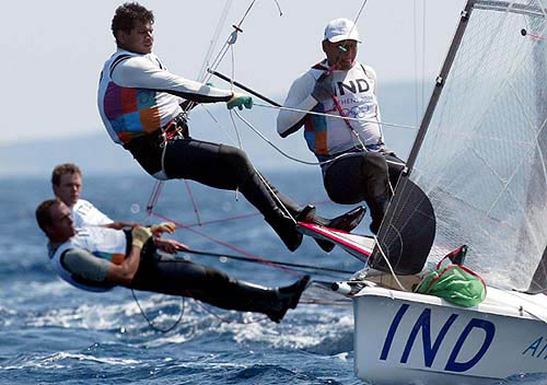 From left, Italy's Gianfranco Sibello and Piero Sibello and India's Sumeet Patel and Malav Shroff are seen during the men's open-double dinghy-49er sailing event at the 2004 Olympic Games in Athens, Greece, on August 24.