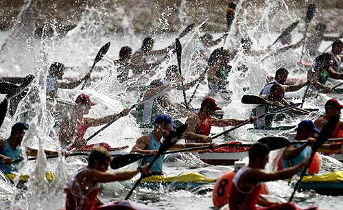 The men's K4 1000 metres final starts at the Olympic rowing centre in Schinias during the Athens 2004 Olympic Games on August 27.