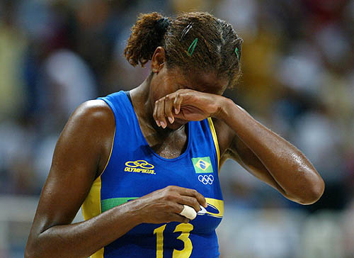 Brazil's Alessandra Oliveira reacts after their women's basketball bronze medal match against Russia at the Athens 2004 Olympic Games on August 28