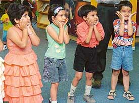 Participants at a children’s workshop at British Library, Chandigarh, on Sunday