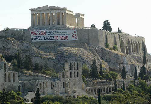 Greek activists' banner on the Acropolis saying "Powel killer go home" hours before a scheduled visit by the U.S. Secretary of State Colin Powell to Greece August 28, 2004