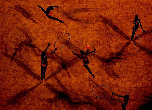 The Greek rhythmic gymnastics team performs during the group all-around qualification competition in Athens 2004 Olympic Games on August 26.