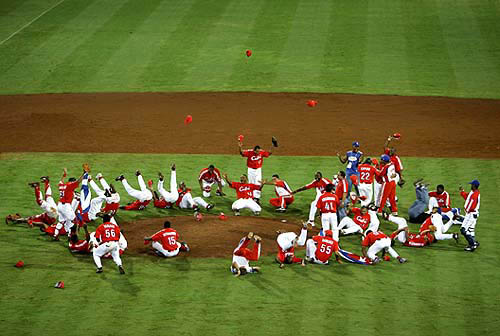 The Cuban team celebrate winning the gold medal in the men's baseball final against Australia at the Athens 2004 Olympic Games on August 25. Cuba won the gold medal, Australia took the silver and Japan bronze.