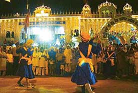 Gurdwara Sri Guru Tegh Bahadur Sahib, Sector 34, illuminated to mark the 400th year of the installation of Sri Guru Granth Sahib in Chandigarh on Monday night.