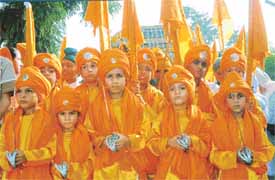Children attired as Panj Piaras during Gurmat Chetna march which passed through Ludhiana