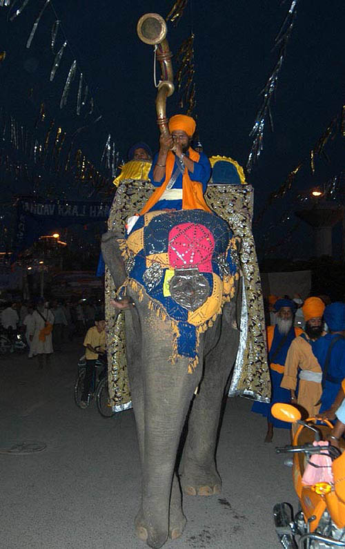 A Nihang riding an elephant arrives at the Golden Temple