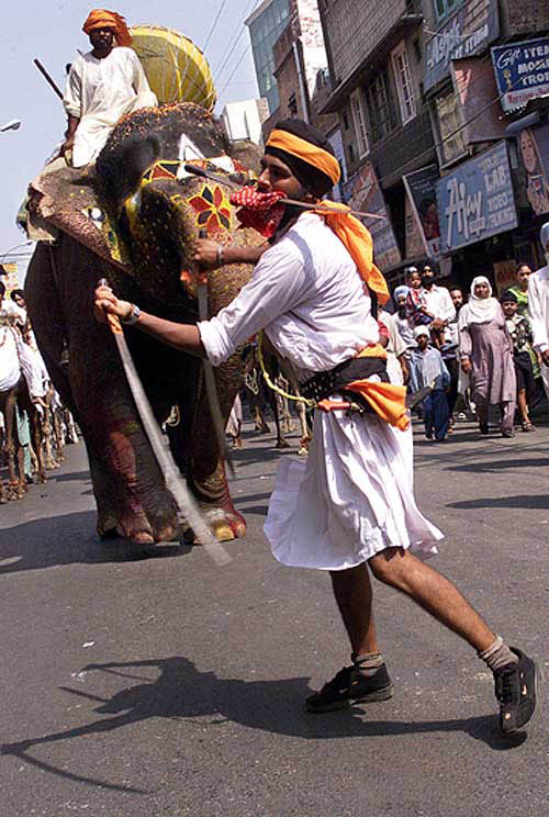 A Sikh performs martial art during a religious procession