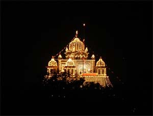 An aerial view of the illuminated Rakab Ganj Gurdwara in New Delhi 