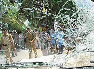 Shattered windscreen of a jeep after villagers of 15 villages protesting against erratic power supply pelted UHBVN vehicles with stones at Garhi Kotahan, Panchkula, on Thursday.