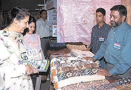 Congress leader Ambika Soni at the Pakistani stall during the inauguration of Society International Expo 04 at Pragati Maidan in the Capital on Friday. 