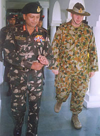 Lieut-General Hari Prasad, GOC-in-C of the Northern Command, with General Peter Cosgrove, chief of Australian Defence forces, in Udhampur on Friday.