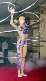 Russian performer Vayman Algo displays her skills during a Press preview in New Delhi on Friday