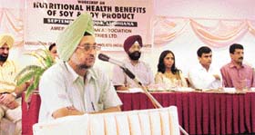Prof G.S. Padda, Head, Department of Food Science and Technology, PAU, addresses participants at a workshop on nutritional health benefits of soya and soya products