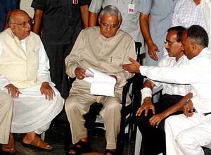 Lawyers submit a memorandum to the former Prime Minister Atal Bihari Vajpayee in Lucknow on Saturday
