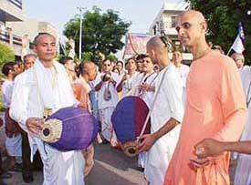 ISKCON devotees chant Hare Krishna mahamantra during as part of Janmashtami celebrations