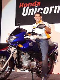 Alex Barros, a renowned MotoGP rider, at the launch of Hondas Unicorn in New Delhi on Wednesday. 