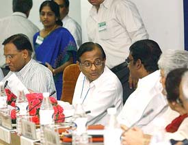 Union Finance Minister P. Chidambaram (centre) at a meeting with chief executives of various banks, in New Delhi on Thursday.