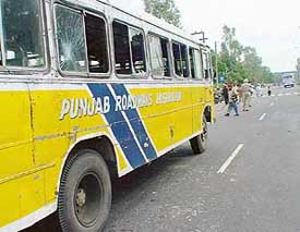 One of the buses that was damaged by students of Government College, Mohali