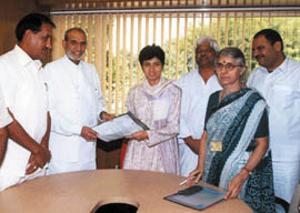 Outer Delhi MP Sajjan Kumar along with Delhi MLAs Vijendra Kumar, Mahabal Mishra and Mukesh Sharma, submit a memorandum to Union Minister of Urban Employment & Poverty Alleviation Kumari Selja on HUDCO loan for resettlement colonies in the Capital on Saturday. 