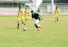 A match in progress between Nankana Sahib Public School, Kot Gangurai, and Camp Khalsa High School, Mohi, in the Ludhiana District Schools Football Tournament
