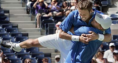 Daniel Nestor  of Canada and Mark Knowles of Bahamas celebrate after winning the mens doubles at the US Open in New York