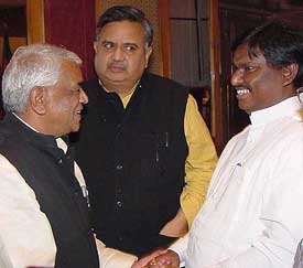 Chief Minister of Chattisgarh Raman Singh, Chief Minister of Jharkhand Arjun Munda and Chief Minister of Madhya Pradesh Babu Lal Gaur just before the press conference during the BJP Chief Ministers conference in New Delhi on Sunday
