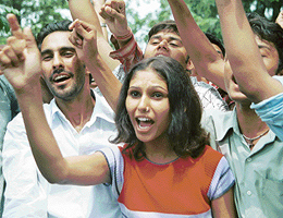 Students shout slogans during a protest rally at Matka Chowk in Chandigarh on Tuesday.